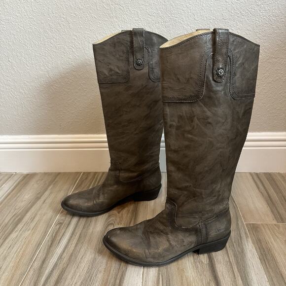 FRYE CARSON Boots SZ 8.5 Tall Gray Leather Cowboy Western Riding Pull on 77204 - Picture 1 of 12
